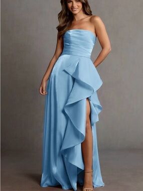 Azazie Light Blue Strapless Ruffle High-Slit Satin Gown
